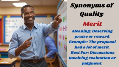 A teacher pointing to the synonyms of quality